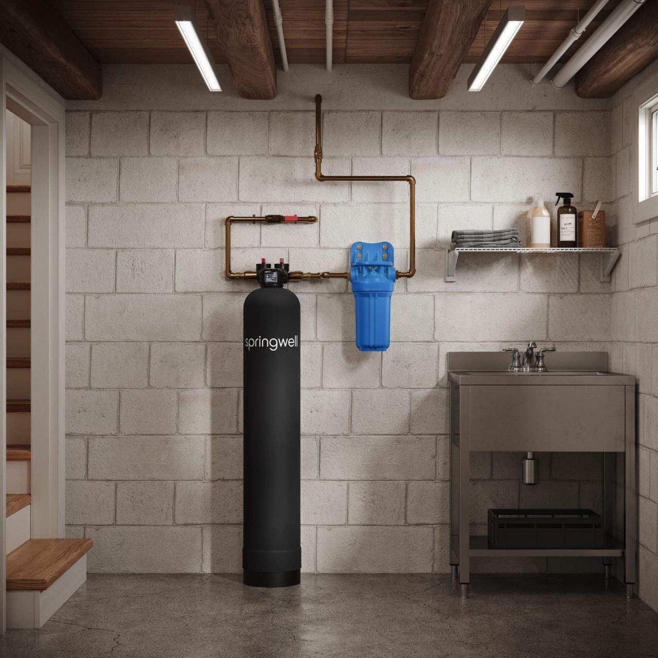 CF1 / CF4 Whole House Water Filter – Basement Installation SpringWell CF1 and CF4 whole house water filter installed in a basement