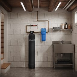 SpringWell CF1 and CF4 whole house water filter installed in a basement