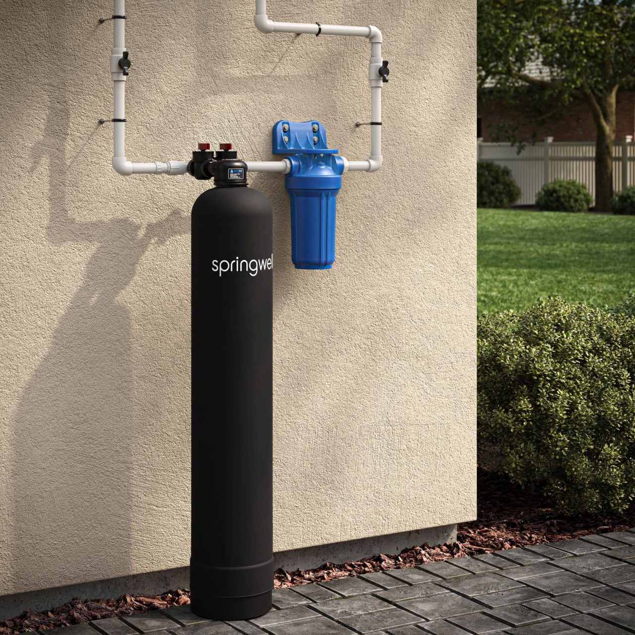 CF1 / CF4 Whole House Water Filter – Exterior Installation SpringWell CF1 and CF4 whole house water filter installed outside a home