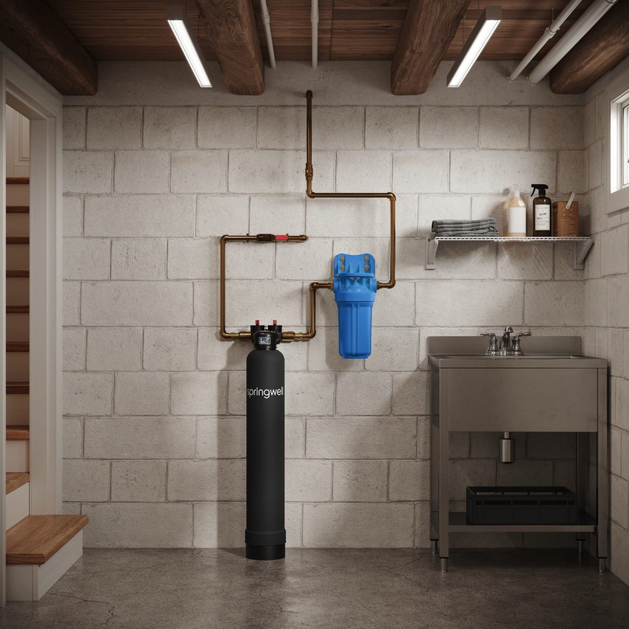 FS1 / FS4 Salt-Free Water Conditioner โ Basement Installation SpringWell FS1 and FS4 salt-free water conditioner installed in a basement